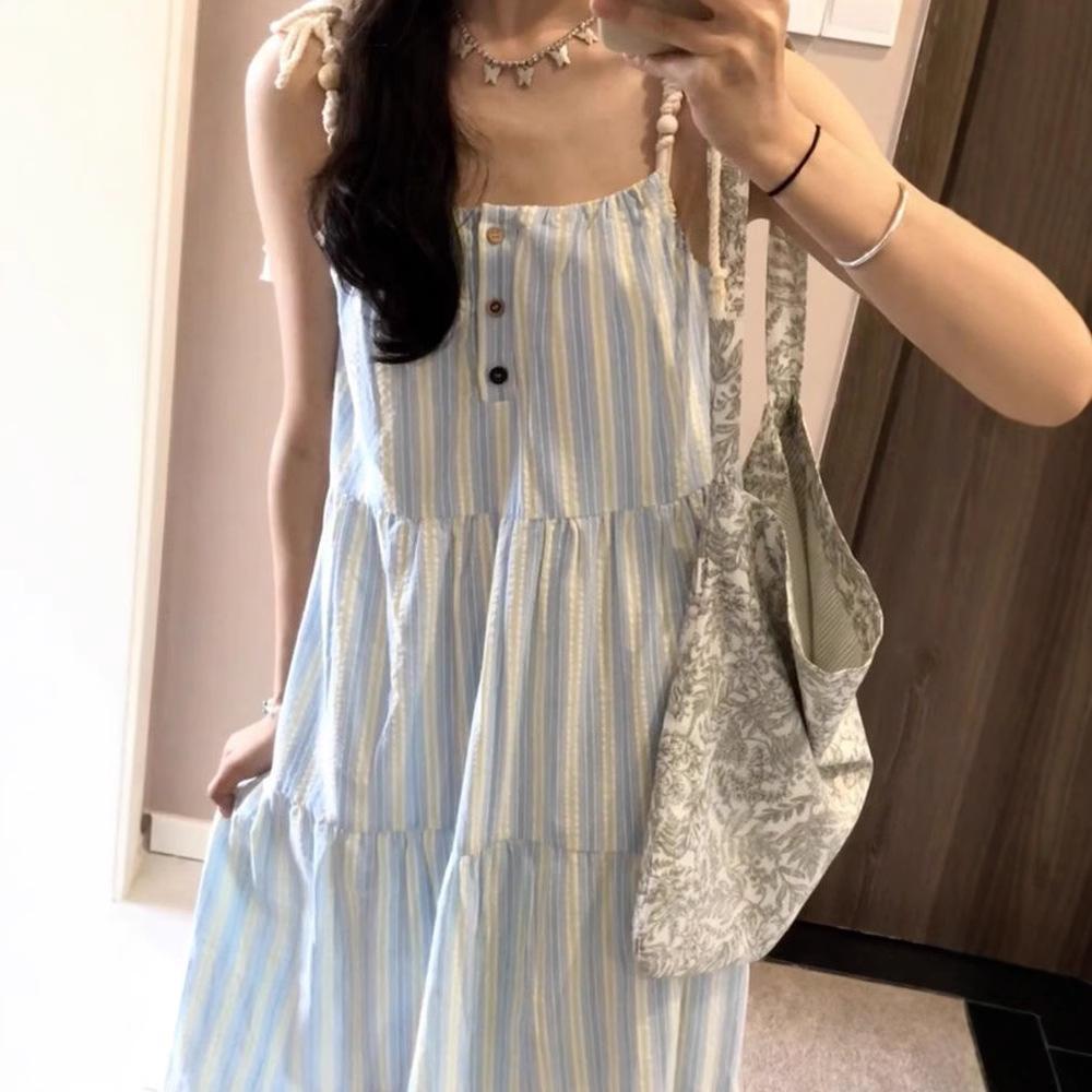 French Sweet Long Dress Women's Summer New Gentle Wind Small Fresh Design Striped Suspender Dress