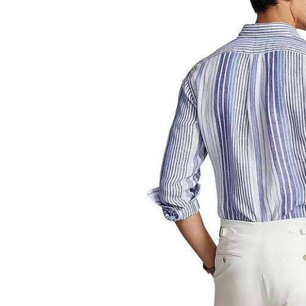 Polo Ralph Lauren Striped Print Pointed Collar Long Sleeve Shirt Men Shirts Blue 710931799-001