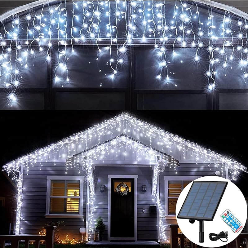 Solar Christmas Lights Outdoor Waterproof Christmas Decorations Curtain Lights 320LED 29.5ft 60 Drops, Solar Powered Rechargeable Fairy Lights for