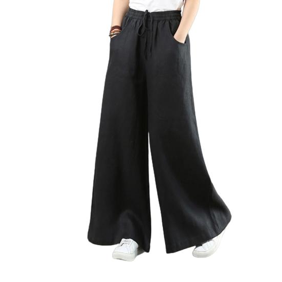 Casual Women Solid Color Wide Leg Pants High Waist Pockets Loose Long Trousers