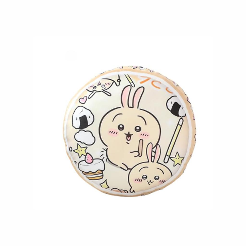 Soft, round plush pillow featuring a flaming hachiware rabbit and flying squirrel. Perfect for car, chair, or other use. Highly resilient, it's a