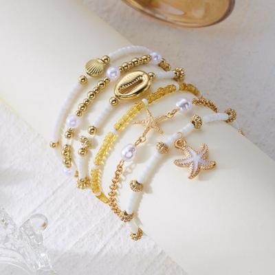 Gold Color Shell Bracelet Set Shell Pendant Starfish Shell Starfish Bracelet Set Open Bangle Multilayer Stacked