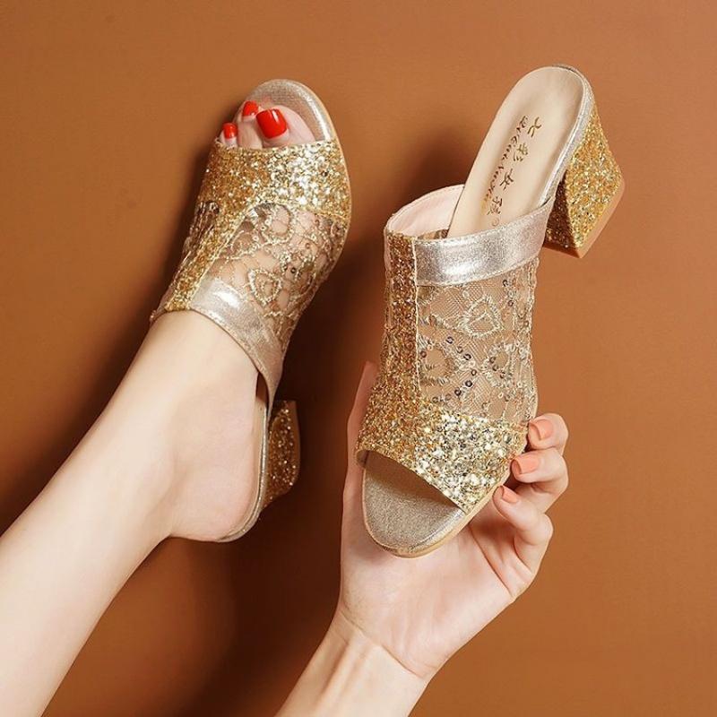 Women's Block Heel Mule Slides with Glitter Lace Open Toe Sparkling Casual Sandals for Summer Parties&Date Nights