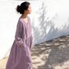 Johnature Women Vintage Dress Spring Chinese Style Solid Color V-Neck Long Sleeve Robes Patchwork Dresses