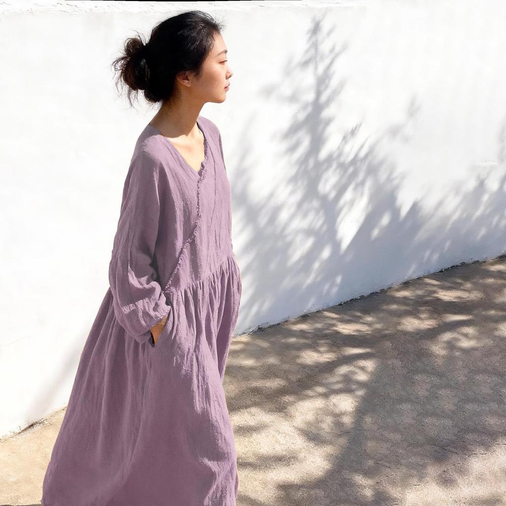 Johnature Women Vintage Dress Spring Chinese Style Solid Color V-Neck Long Sleeve Robes Patchwork Dresses