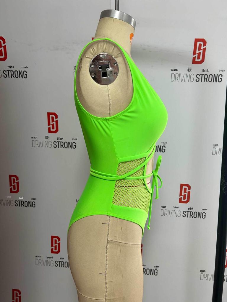 Green Mesh Patchwork Lace-Up One-Piece Swimsuit - Sexy Tight Bandage Style