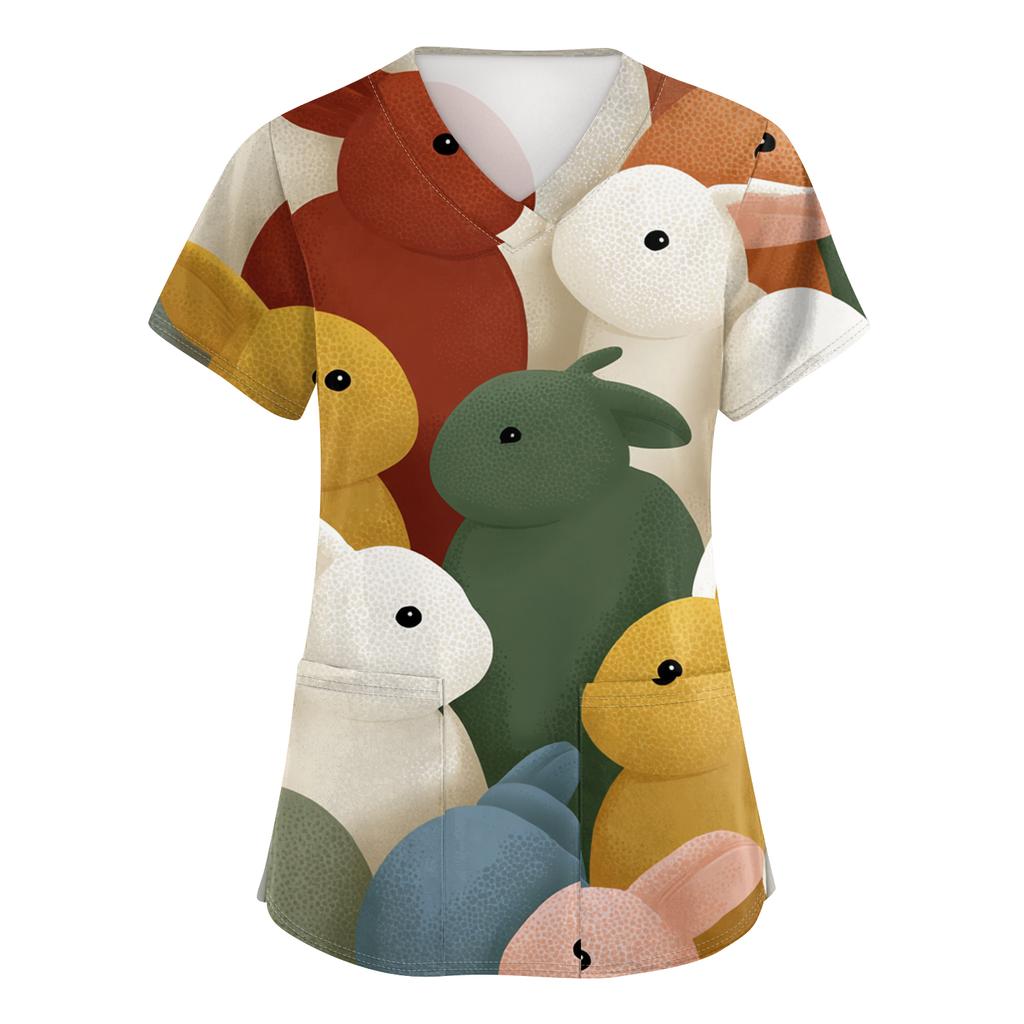 Women's Fashion V-Neck Short-Sleeved Workwear With Pockets Easter Print Top Caregiver Uniform