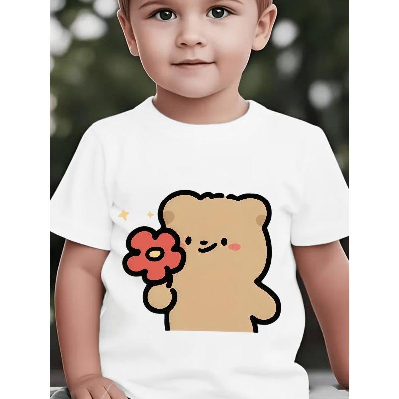 European Sizes Boys' Short-Sleeve Summer Top with Cute Cartoon Bear, Flower, and Star Patterns