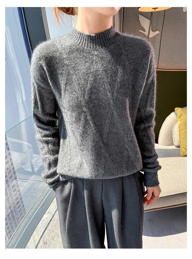 Women's Heavyweight Wool Diamond-Knit Sweater, Half-High Neck, Loose Fit.