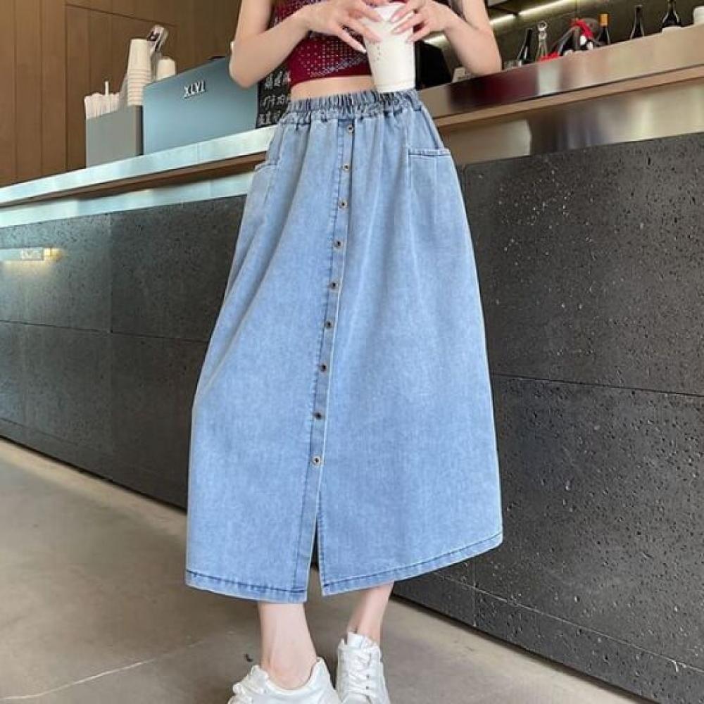 Navava Women Casual Button Point Banding Denim Long Skirt Ns479