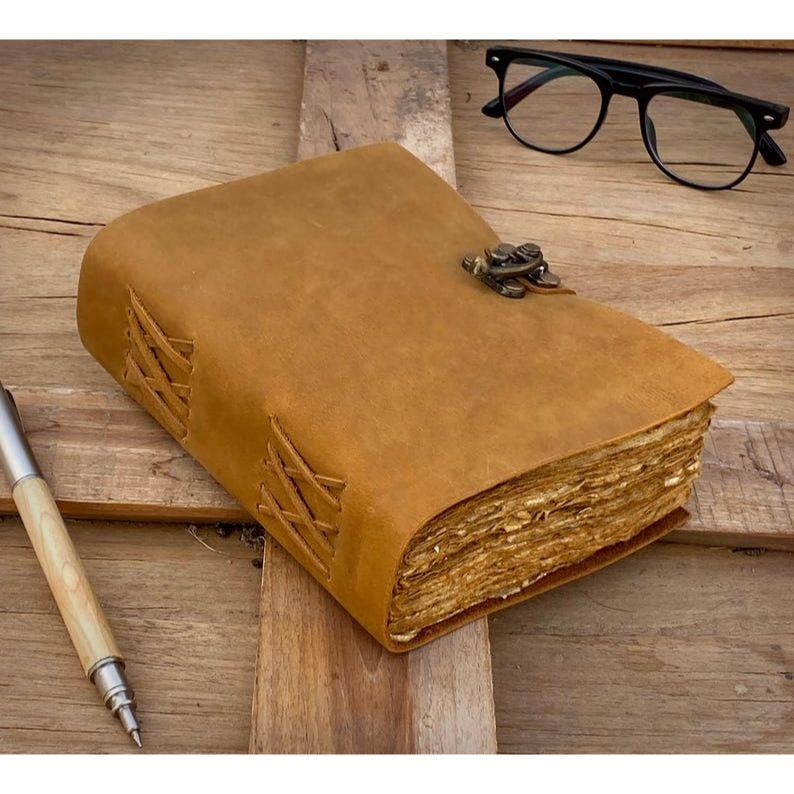 Handmade Vintage Leather Journal - Blank Spell Book of Shadows, Grimoire Journal, Travel Writing Notebook, Deckle Edge Paper Lock Closure