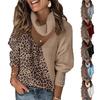 Herbst und Winter Damen Leopardenmuster Farbblock Temperament V-Ausschnitt Lockerer Hals Lochstrickpullover
