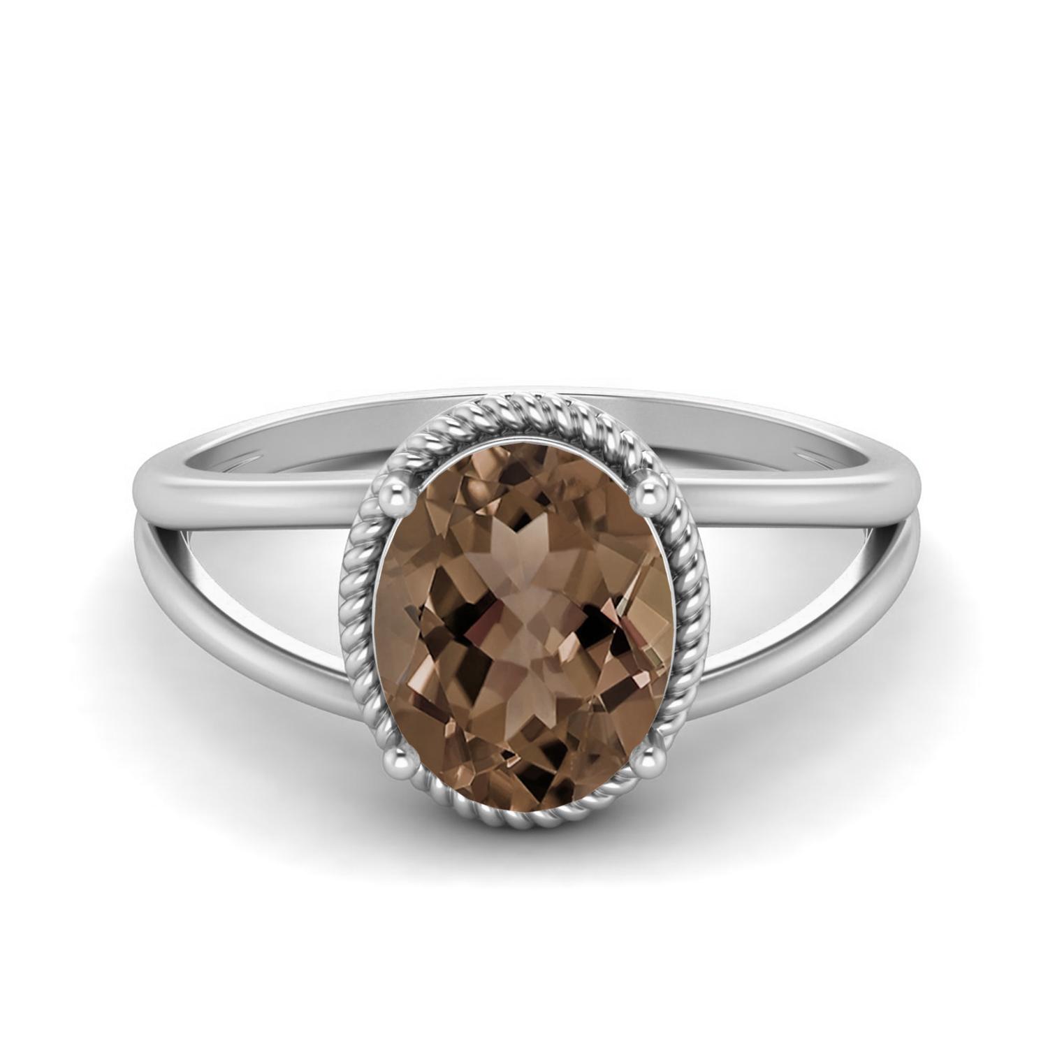 

9X7MM Oval Smoky Quartz 925 Sterling Silver Solitaire Split Shank Women Wedding Ring 6 білий