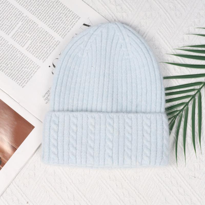 Angola rabbit fur warm solid color light board autumn and winter versatile candy color vertical stripe knitted hat women