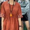 Retro Ethnic Embroidered Cotton Jacquard Midi Dress - Slim Fit, Cinched Waist, Trendy Summer Style