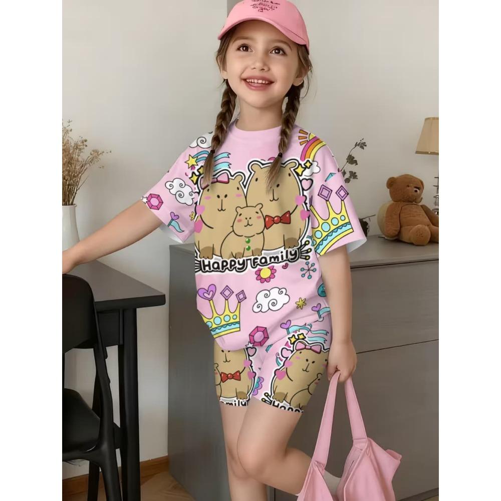 Conjunto de Camiseta Gráfica Divertida de Capibara para Niños de Verano Cuello Redondo Mangas Cortas Pantalones Cortos con Cintura Elástica Conjunto de 2 Piezas Ropa Casual para Niñas