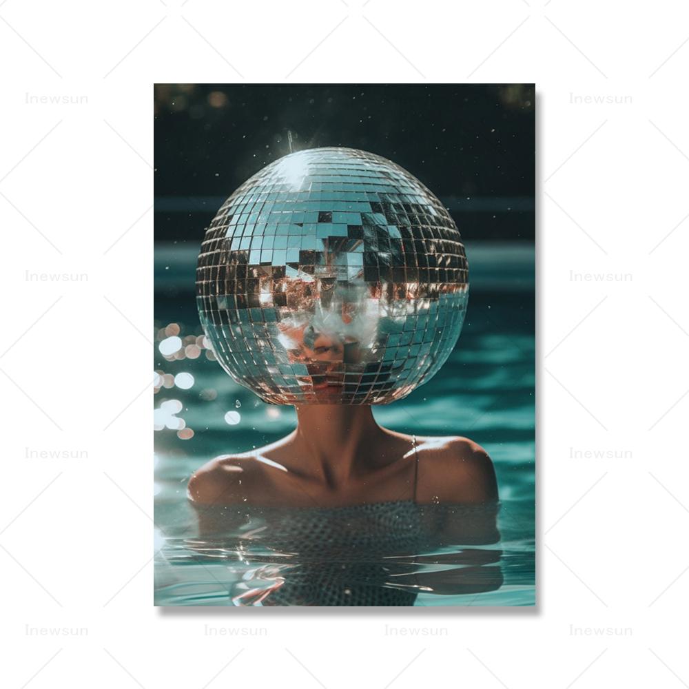 

Диско-шар для бассейна с принтом в консервативном стиле, модные настенные художественные картины, девчачий декор для комнаты в общежитии, забавный черный, серебристый цвет, холст, картина для плавания, декор 60x80cm No Framed