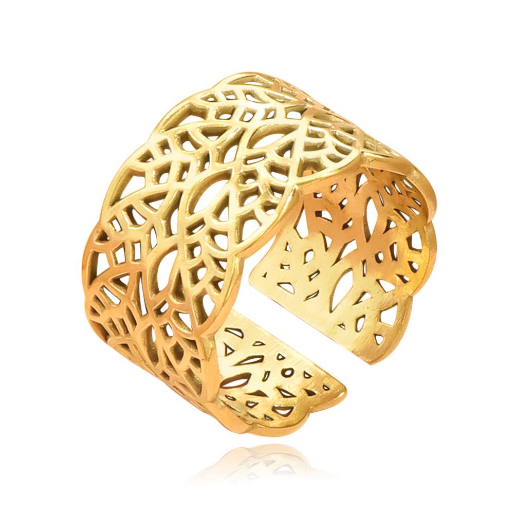 Elegant Hollowed Leaf Stainless Steel Ring: Artistic Retro Wide Band, Vacuum Gold Plated Jewelry for Women.