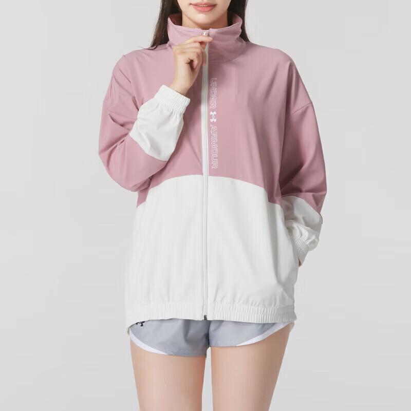 Under Armour Color Block Woven Full Zip Training Retro Sports Jacket Women jackets Pink 1369890-697