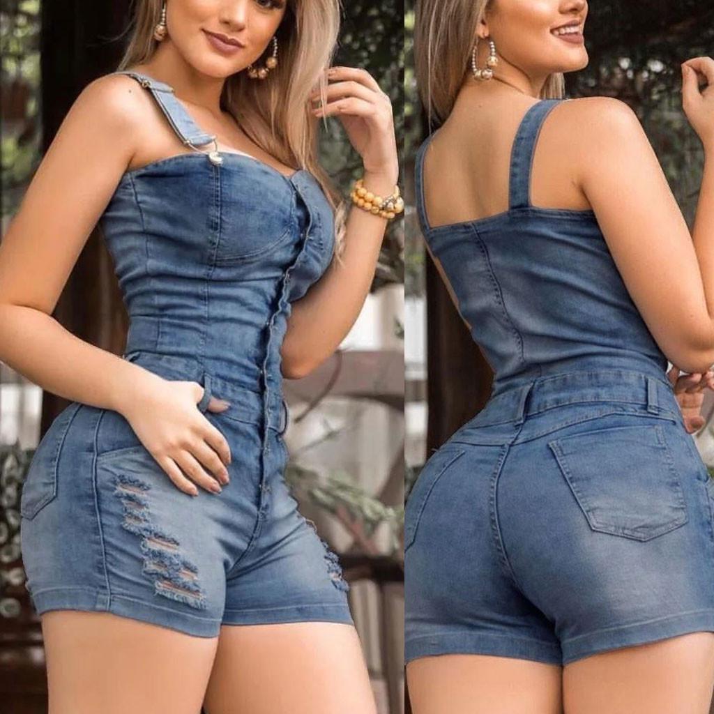 Women Jeans Cropped Pants Overalls Jumpsuits Poled Distressed Casual Fit