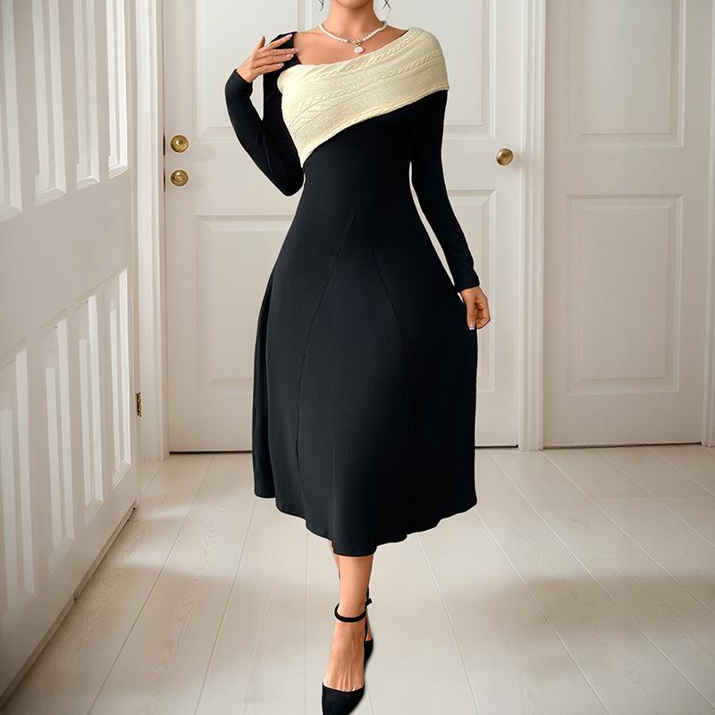 

2025 Новое Универсальное Сексуальное и Элегантное Платье, облегающее талию, с большим подолом, асимметричным V-образным вырезом и цветными блоками S чёрный