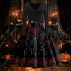 Women's Vintage Retro Long Sleeve V-Neck Flared Dress with Halloween Print for Party