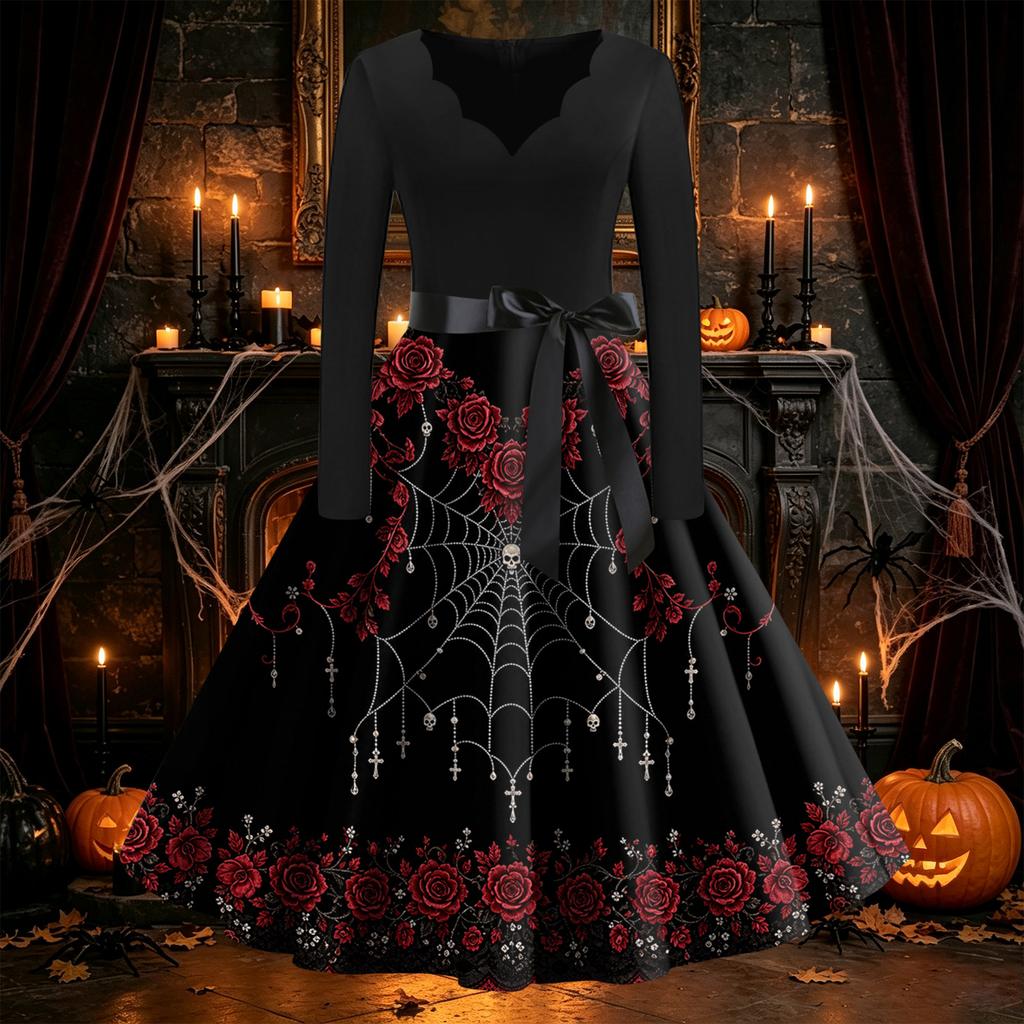 Women's Vintage Retro Long Sleeve V-Neck Flared Dress with Halloween Print for Party