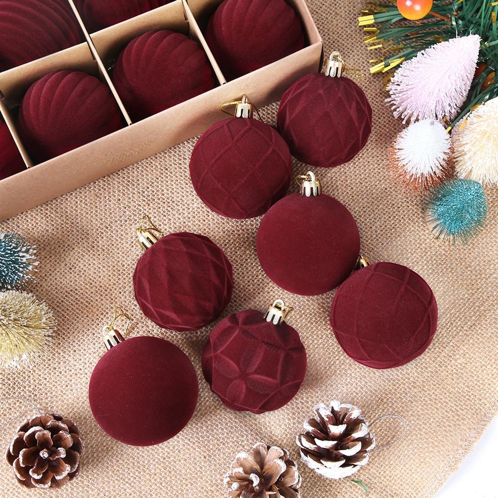 12 Pcs Burgundy Flocked Christmas Ball Ornaments Set, 6 Cm Velvet Finish Plastic Decorations For Holiday Tree DIY Display