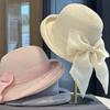 Korean Style Bow Woven Sun Hat for Kids Wide Brim Small Face Summer Outdoor Vacation Style Grass Hat