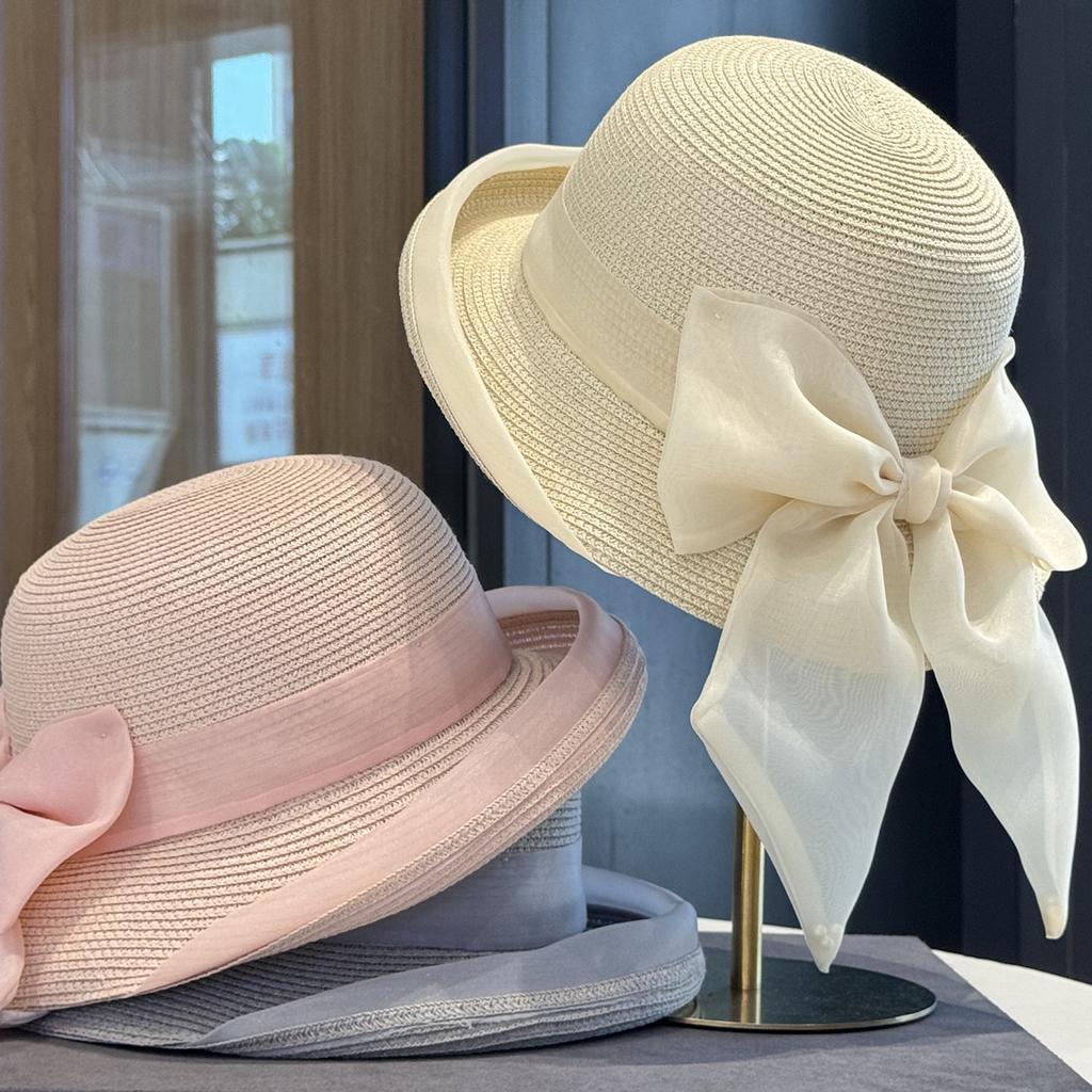 Korean Style Bow Woven Sun Hat for Kids Wide Brim Small Face Summer Outdoor Vacation Style Grass Hat