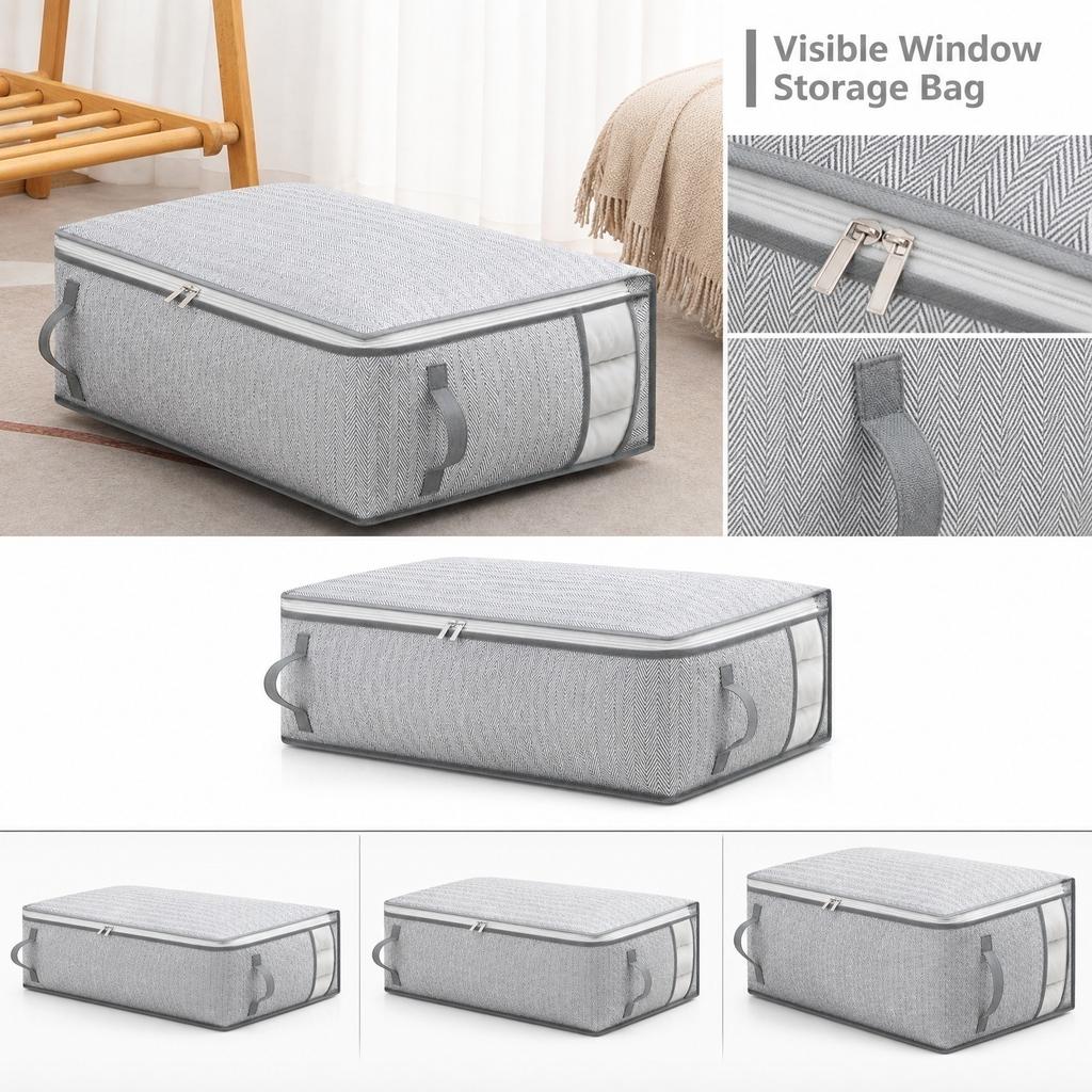 Large Fabric Storage Bag with Zipper and Handles Foldable Organizer for Clothes Bedding and Seasonal Items with Transparent Window