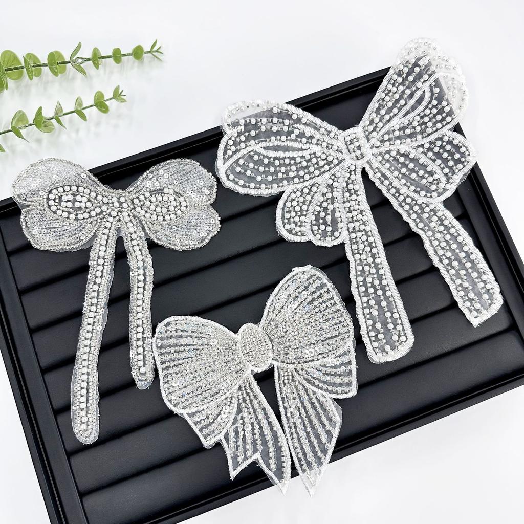 Eugen Yarn Beaded Silver Bow Lace Embroidered Cloth Sticker Wedding Dress Headgear Dress Decorative Accessories