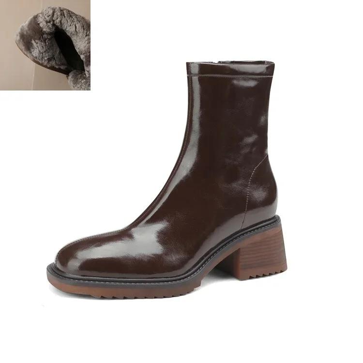 Fashion NEW Autumn/Winter Women Boots Split Leather Shoes for Women Square Toe Chunky Heel Shoes Zip Modern Boots Wool Warm Daily Shoes