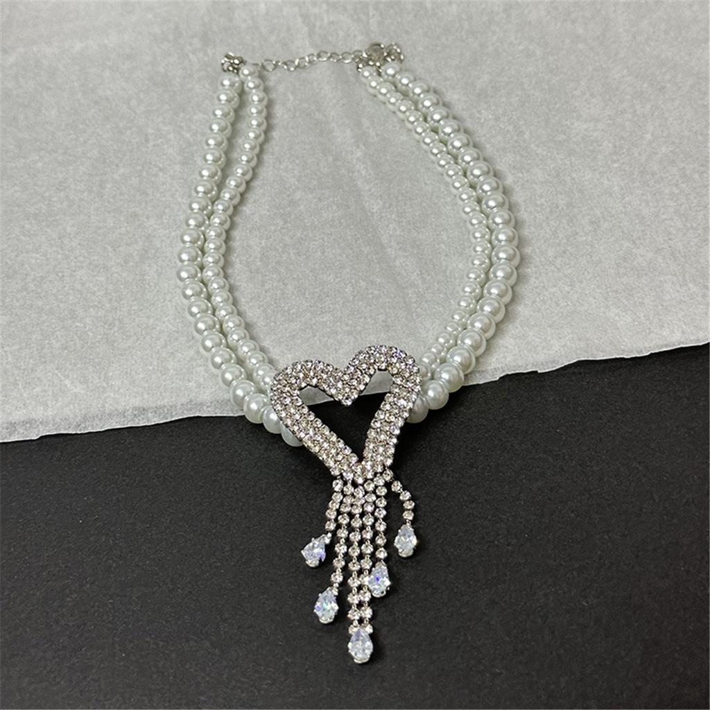 Fashion Light Luxury High Tooxika Sense Of Double Pearl Flash Diamond Love Tassel Necklace Necklace Collar Chain Collarbone Chain