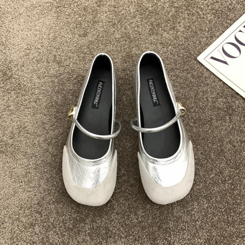 Sheepskin version! French retro splicing Mary Jane shoes women's spring and autumn new one-word with shallow mouth inner height increase single shoes