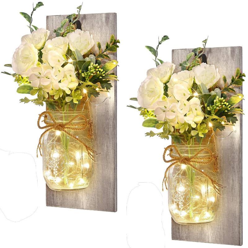 1 Set Modern Farmhouse Wall Decor, Rustic Wall Art Living Room Decor with Led Fairy Lights and Rose Flowers, Country Home Decor Gifts