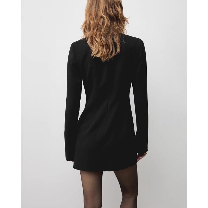 Fall and Winter New Women's Clothing Fashion Wind Metallic Decorative Button V Neck Long Sleeves Short Dress 77029063