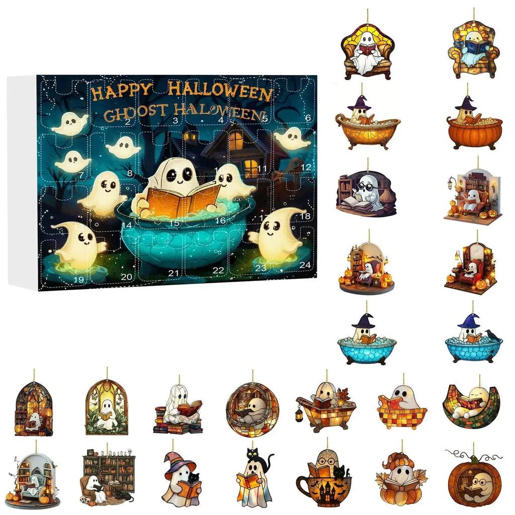 Lesender Geist Acryl Flachanhänger Set Halloween Dekorationen 24 Stile Geist Lesen 2D Ornament 24-Tage Countdown Sammlerstück
