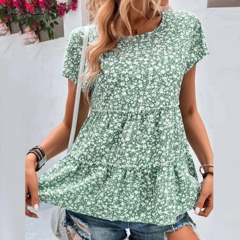 

ZANZEA Летняя повседневная женская блузка с круглым вырезом и коротким рукавом с цветочным принтом