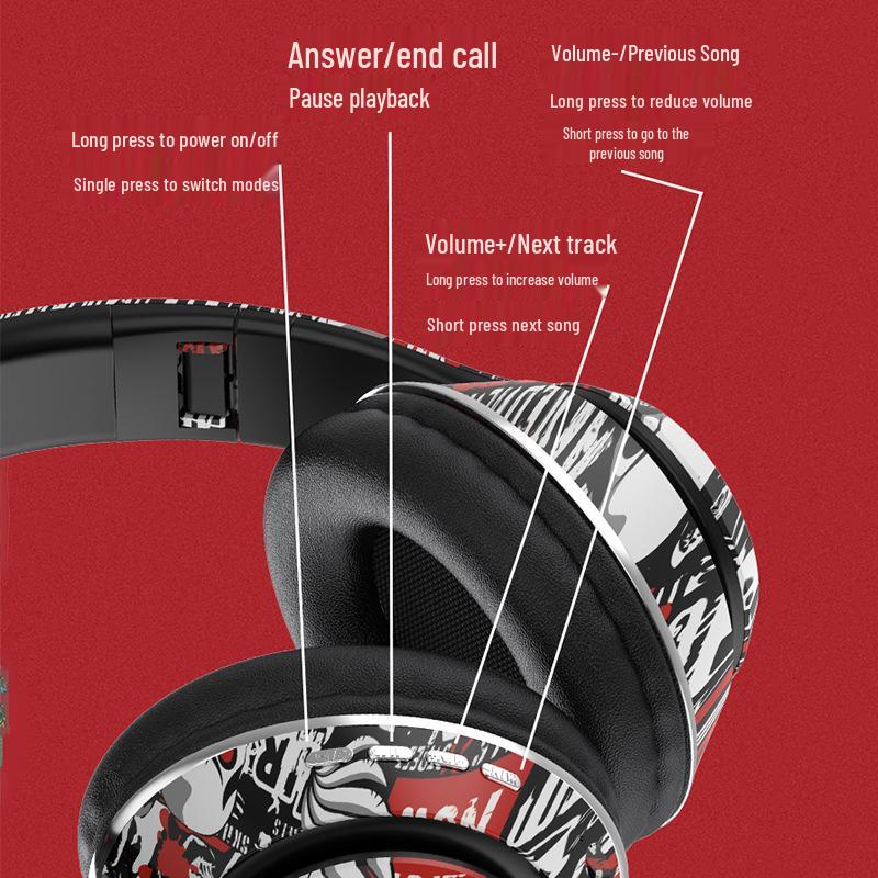 P85 Bluetooth Over-ear Wireless Headset: Colorful Graffiti Design, Cool Luminous RGB, Deep Bass, Foldable.