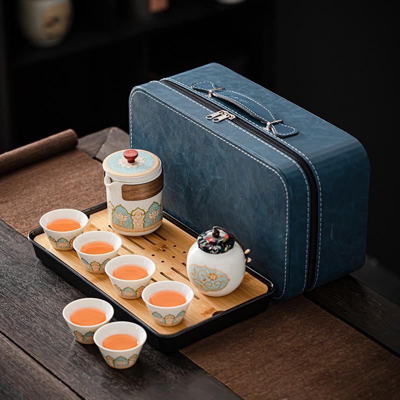 Outdoor camping travel Kung Fu tea set, teapot, ceramic Kuaike teacup, tea tray, portable Guochao gifts