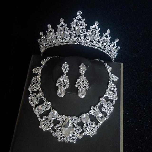 

Модные комплекты свадебных украшений с кристаллами и каплями воды для женщин, диадемы со стразами, комплект с короной, ожерелье, серьги, комплект ювелирных изделий для свадебного платья