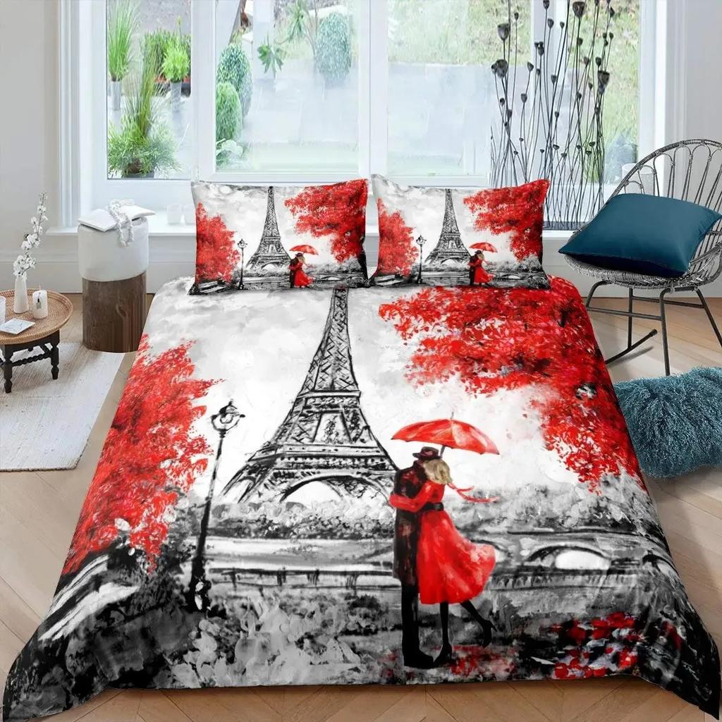 Paris Duvet Cover Set Queen Size Eiffel Tower Bedding Set Girls Black and Pink Paris Comforter Cover Romantic French Quilt Cover