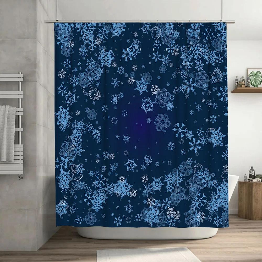 Snowflake Blue Bath Shower Curtain Waterproof Decorative Home Textile for Bathroom Dark Navy Floral Pattern