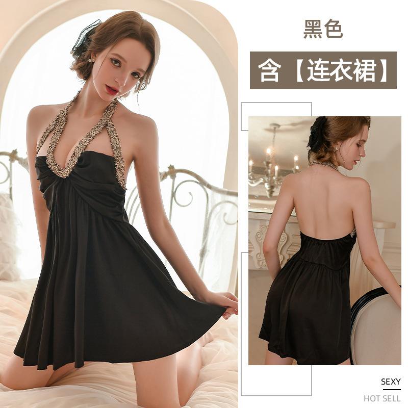 

Sexy pajamas short skirt V-neck neck satin European and American dress Sexy temperament Gentle senior nightdress women One size fits all чёрный