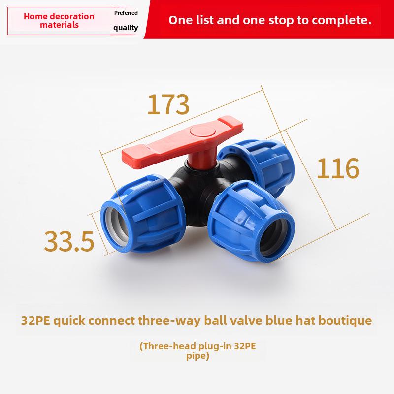 PE Kulventil Snabbkoppling Trefördelningsrörkoppling för Kranvatten, Kompatibel med 20, 25 och 32 Rör.
