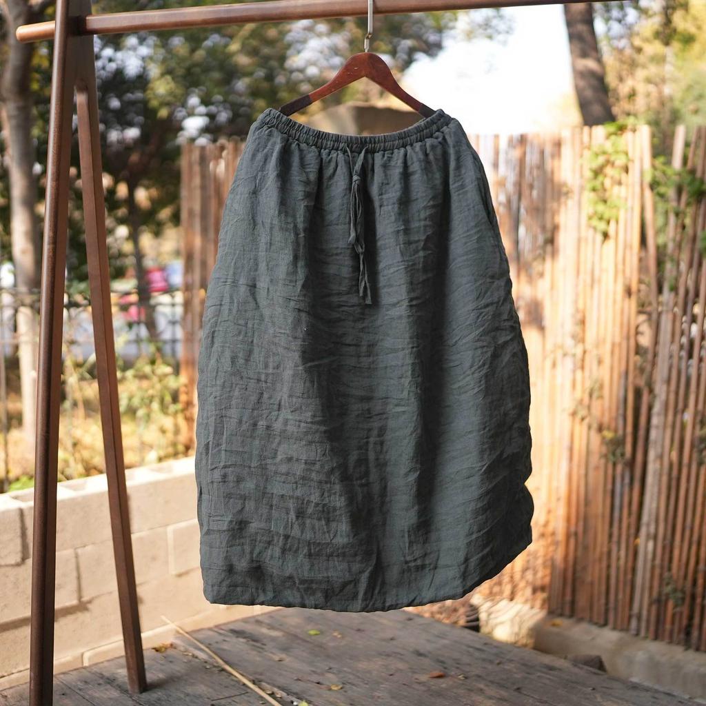Johnature Women Vintage Spring Skirts Elastic Waist Solid Color Belt Pockets Female A-Line Skirts