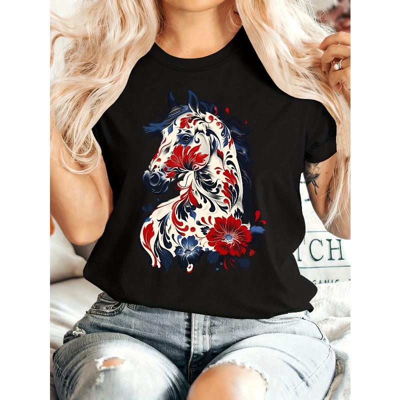 European Size [New Year Gift] Women'S Winter Clothing Featuring A Horse Year Theme, with A Horse Head Print on A Round Neck Short Sleeve T-Shirt