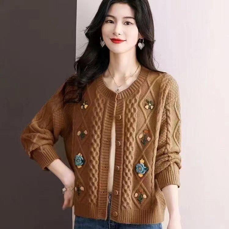Women's Retro Embroidered Knit Cardigan Sweater Coat - Autumn/Winter 2026 Loose Top