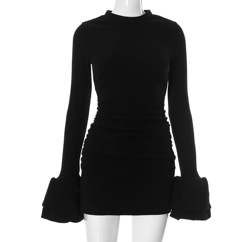 

Y24DS560 Женское осеннее однотонное платье с кружевом и сборками S